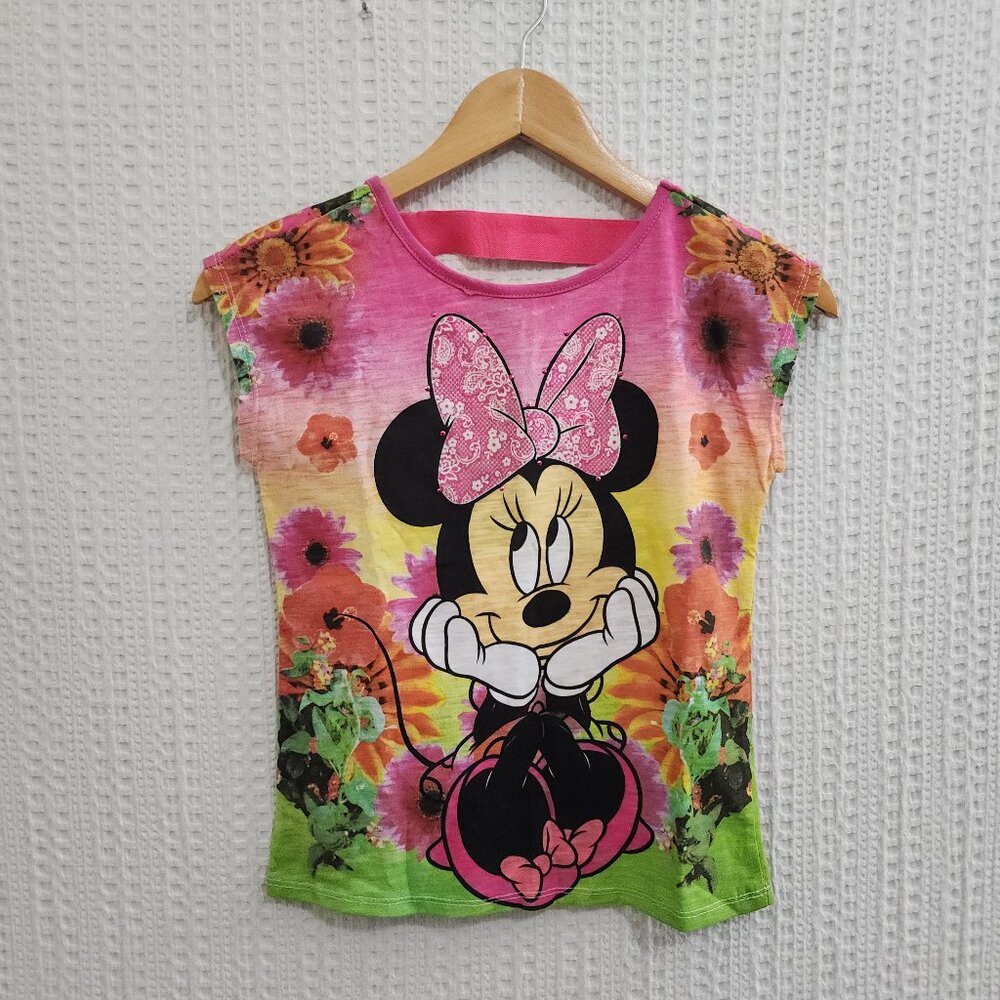 Y2K Disney Minnie Mouse Floral Graphic Baby Tee L 10/12 Fits Women Small